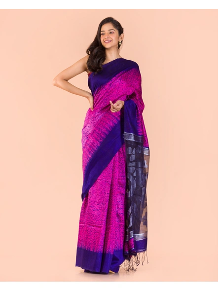 Rani Pink Blue Handwoven Matka Resham Silk Shibori Jamdani Saree-Pink-Sari-Matka Silk-One Size-Adult-Female-2
