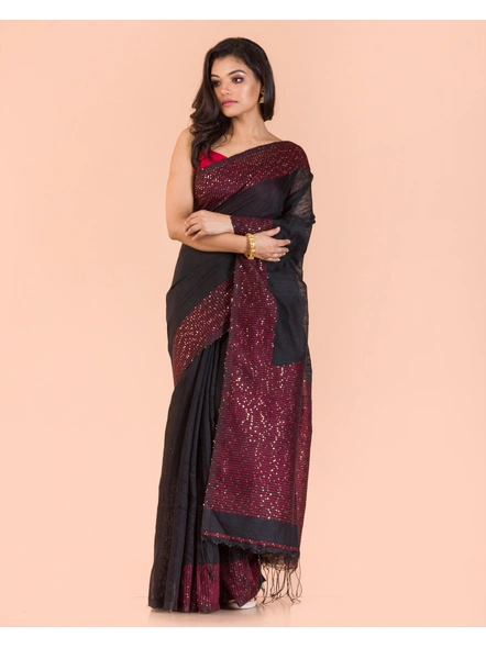 Black Handwoven Matka Silk Sequins Saree-Black-Sari-Matka Silk-One Size-Adult-Female-2