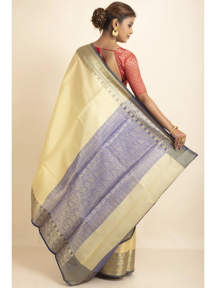 Beige Navy Blue Tissue Silk Golden Zari Tanchoi Banarasi Saree with Blouse Piece-Beige-Sari-One Size-Tissue Silk-Adult-Female-2