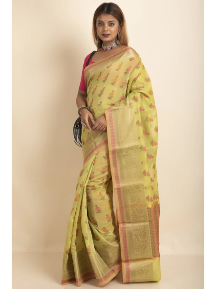 Green Cotton Silk Multi Butti Banarasi Saree with Blouse Piece-Green-Sari-One Size-Silk Cotton-Adult-Female-4