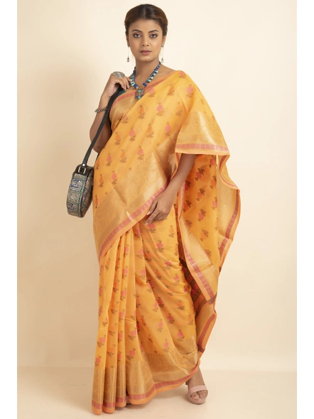 Yellow Cotton Silk Multi Butti Banarasi Saree with Blouse Piece-Yellow-Sari-One Size-Silk Cotton-Adult-Female-4