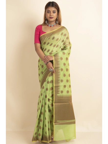Green Cotton Silk Copper Reshm Butti Temple Border Saree with Blouse Piece-Green-Sari-One Size-Silk Cotton-Adult-Female-2