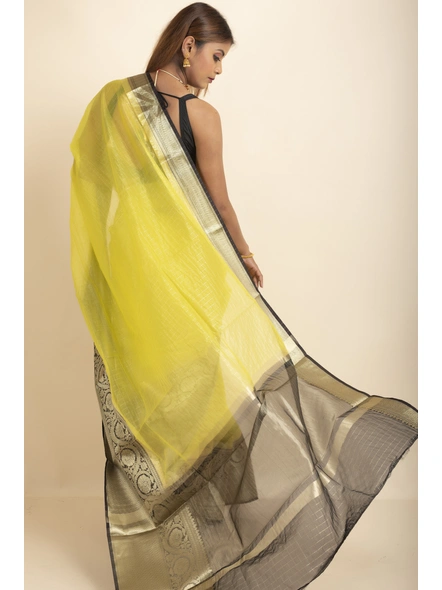 Lemon Golden Zari Check Organza Silk Saree with Blouse Piece-Yellow-Sari-One Size-Organza Silk-Adult-Female-1