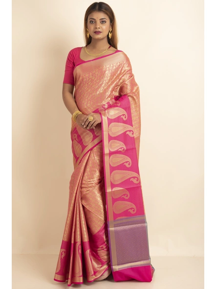 Pink Tissue Silk Tanchuai Skirt Border  Saree with Blouse Piece-SAC-221014-2