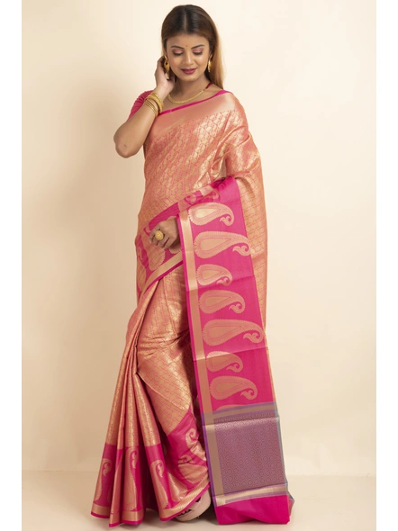 Pink Tissue Silk Tanchuai Skirt Border  Saree with Blouse Piece-Pink-Sari-One Size-Tissue Silk-Adult-Female-3