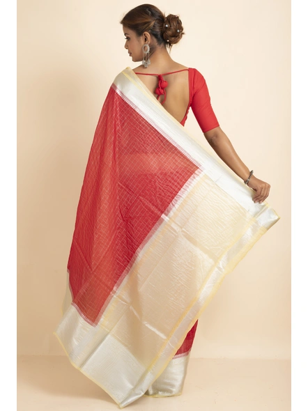 Red Organza Silk Silver  Zari Checks Skirt Border Saree with Blouse Piece-Red-Sari-One Size-Organza Silk-Adult-Female-3