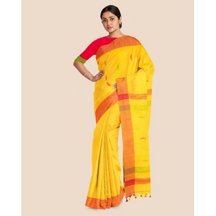 Yellow Cotton Handloom Saree with Pompom and Blouse Piece