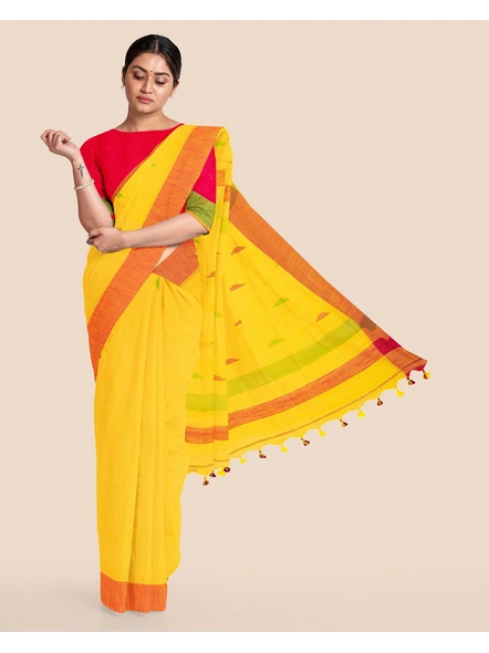 Yellow Cotton Handloom Saree with Pompom and Blouse Piece-Yellow-Cotton-Free-Sari-Female-Adult-1