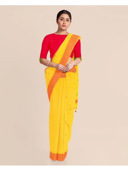 Yellow Cotton Handloom Saree with Pompom and Blouse Piece-Yellow-Cotton-Free-Sari-Female-Adult-2