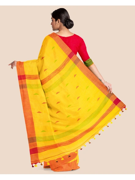 Yellow Cotton Handloom Saree with Pompom and Blouse Piece-Yellow-Cotton-Free-Sari-Female-Adult-3