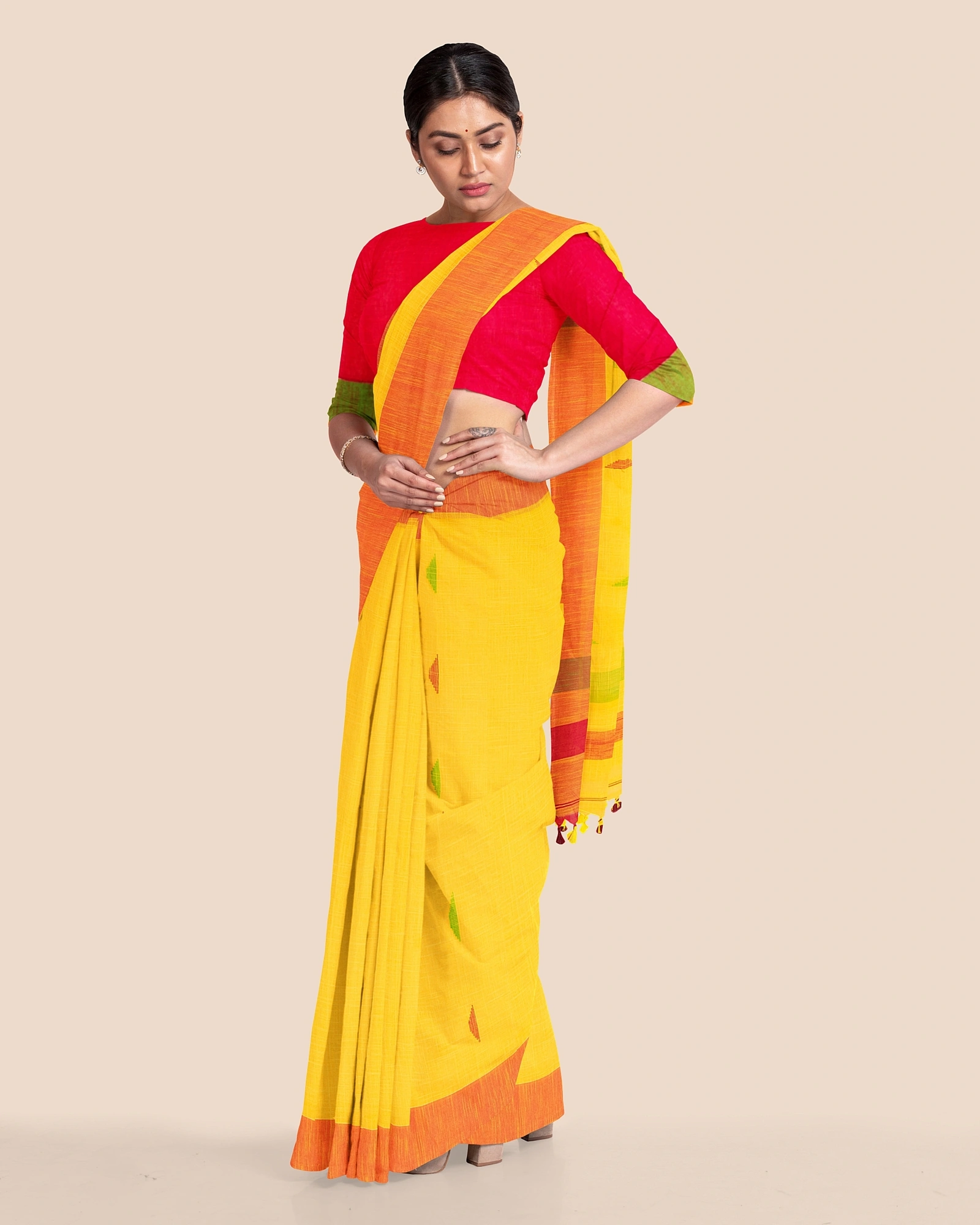 Yellow Cotton Handloom Saree with Pompom and Blouse Piece-Yellow-Cotton-Free-Sari-Female-Adult-5