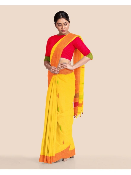 Yellow Cotton Handloom Saree with Pompom and Blouse Piece-Yellow-Cotton-Free-Sari-Female-Adult-5