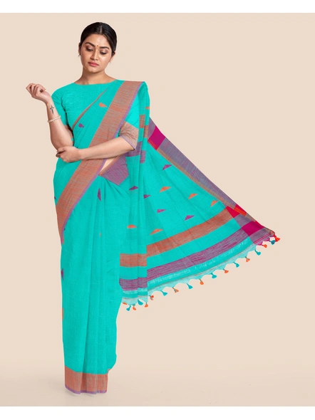 Teal Blue Handloom Cotton Buti Saree with Blouse Piece-LAAHLSWBP007