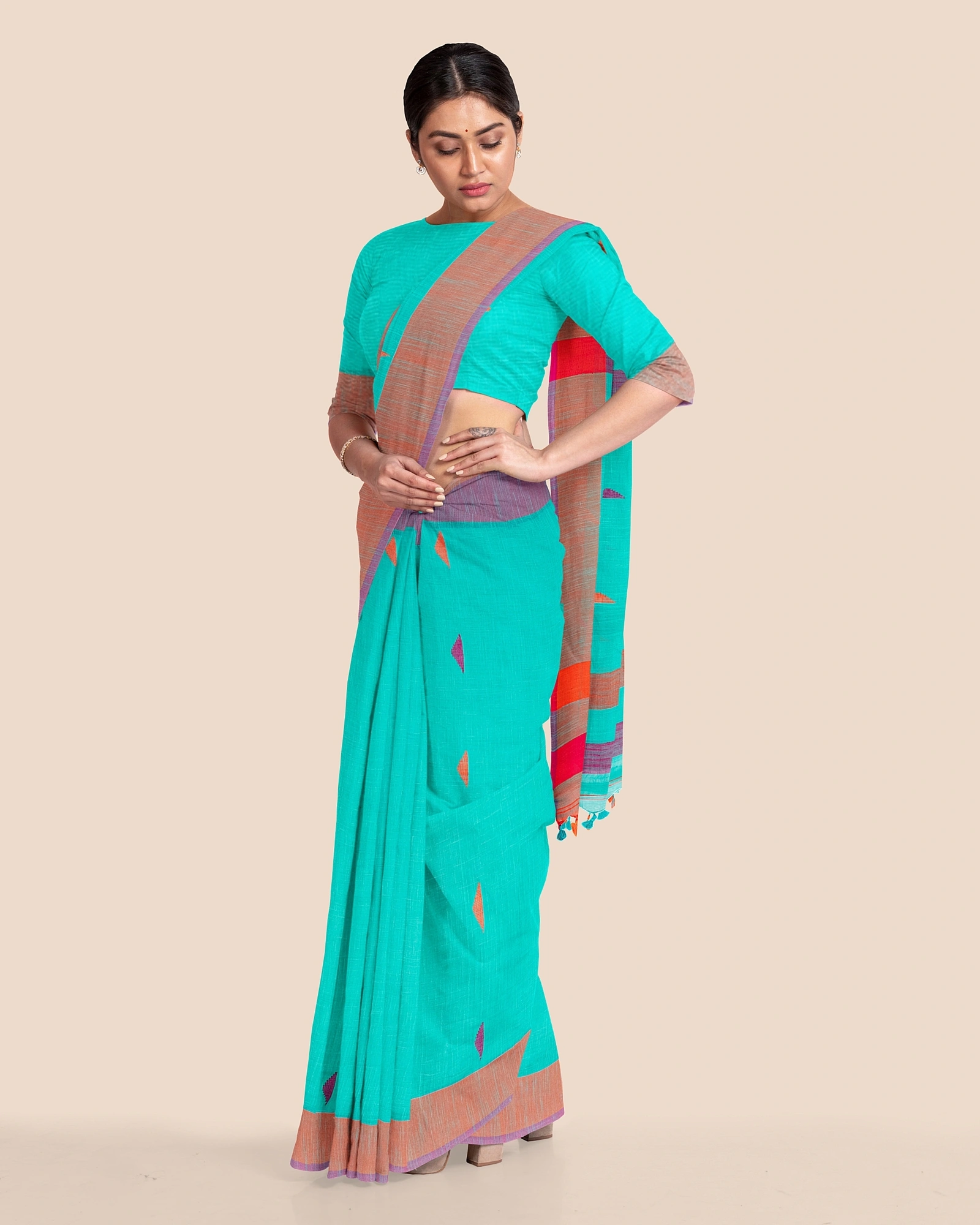 Teal Blue Handloom Cotton Buti Saree with Blouse Piece-4