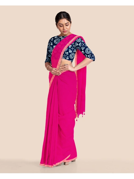 Fuschia Pink Handloom Cotton Noil Zari Border Saree with Blouse Piece-LAAKHZBSWBP02