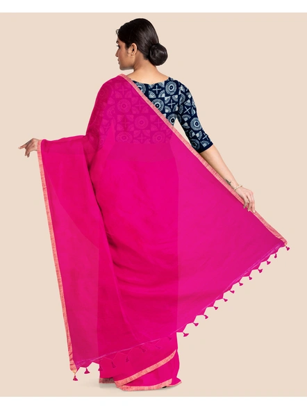 Fuschia Pink Handloom Cotton Noil Zari Border Saree with Blouse Piece-Pink-Cotton-Free-Sari-Female-Adult-3