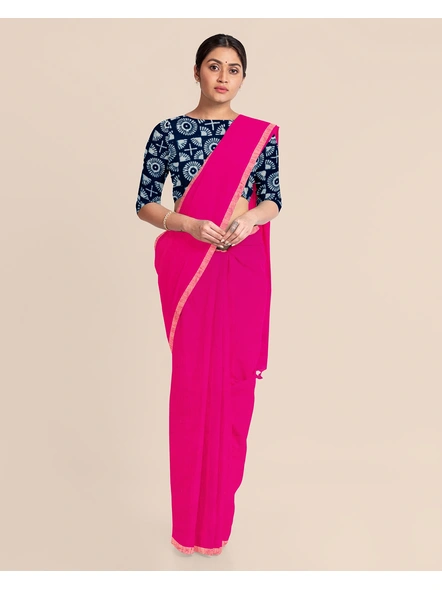 Fuschia Pink Handloom Cotton Noil Zari Border Saree with Blouse Piece-Pink-Cotton-Free-Sari-Female-Adult-4