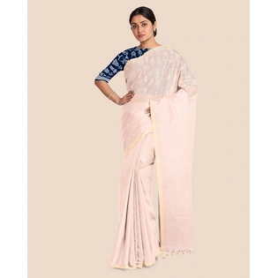 Beige Handloom Cotton Noil Zari Border Saree with Blouse Piece