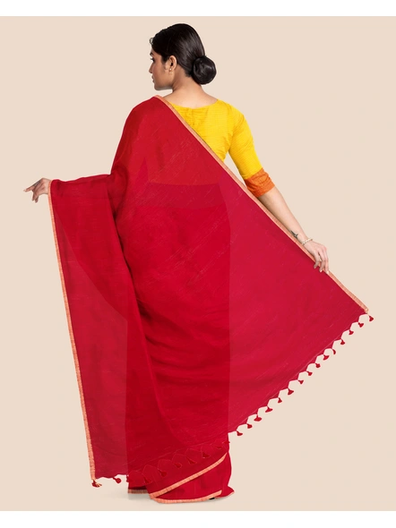 Red Handloom Cotton Noil Zari Border Saree with Blouse Piece-Red-Cotton-Free-Sari-Female-Adult-3