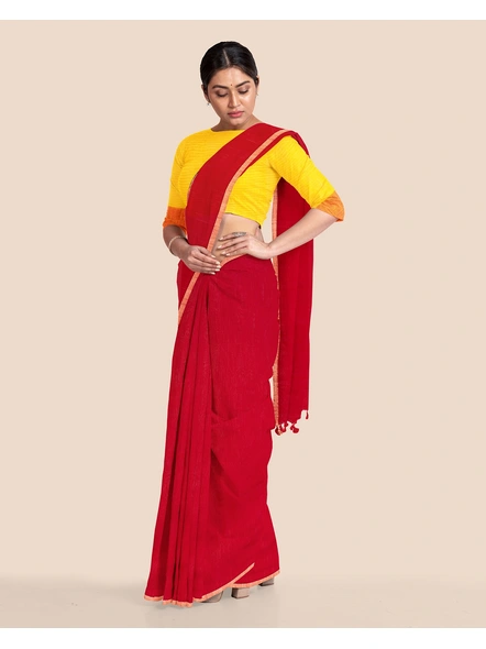 Red Handloom Cotton Noil Zari Border Saree with Blouse Piece-Red-Cotton-Free-Sari-Female-Adult-4