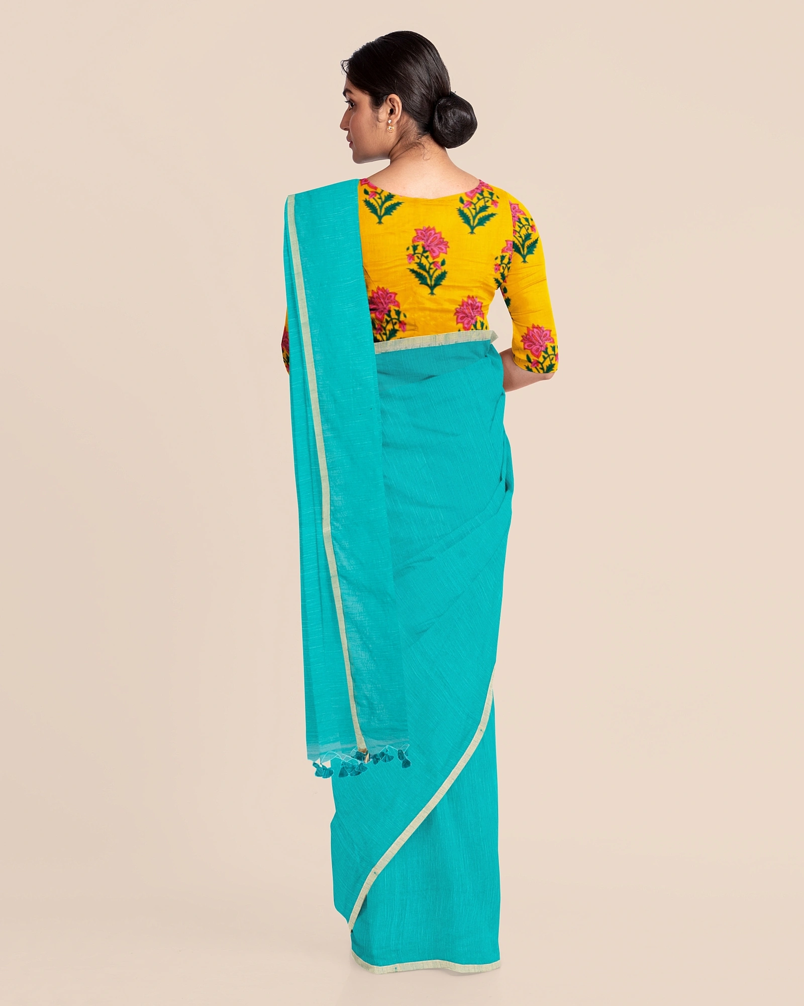 Teal Green Handloom Cotton Noil Zari Border Saree with Blouse Piece-Green-Cotton-Free-Sari-Female-Adult-2