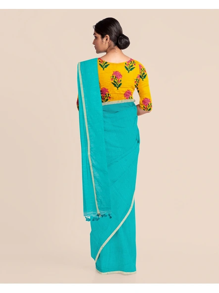 Teal Green Handloom Cotton Noil Zari Border Saree with Blouse Piece-Green-Cotton-Free-Sari-Female-Adult-2