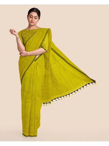 Mercerized Handloom Olive Green Cotton Saree with Pompom and Blouse Piece-LAAMHCWBP008