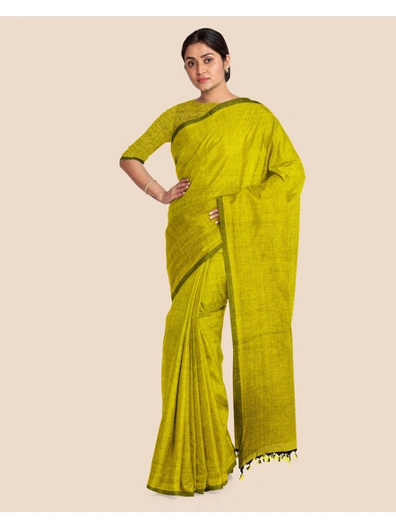 Mercerized Handloom Olive Green Cotton Saree with Pompom and Blouse Piece-Olive Green-Cotton-Free-Sari-Female-Adult-1