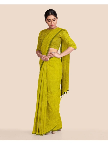 Mercerized Handloom Olive Green Cotton Saree with Pompom and Blouse Piece-Olive Green-Cotton-Free-Sari-Female-Adult-3