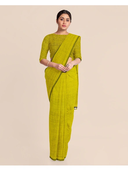 Mercerized Handloom Olive Green Cotton Saree with Pompom and Blouse Piece-Olive Green-Cotton-Free-Sari-Female-Adult-5