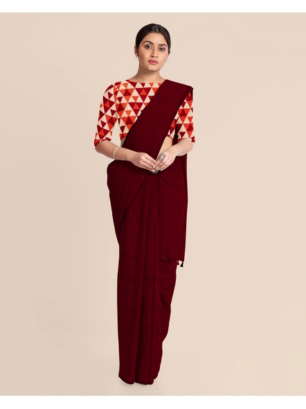 Mercerized Handloom Maroon Cotton Saree with Pompom and Blouse Piece-LAAMHCWBP009