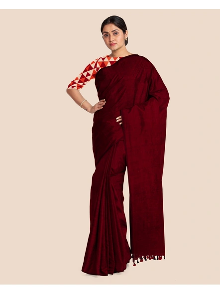 Mercerized Handloom Maroon Cotton Saree with Pompom and Blouse Piece-Maroon-Cotton-Free-Sari-Female-Adult-1