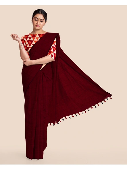 Mercerized Handloom Maroon Cotton Saree with Pompom and Blouse Piece-Maroon-Cotton-Free-Sari-Female-Adult-2