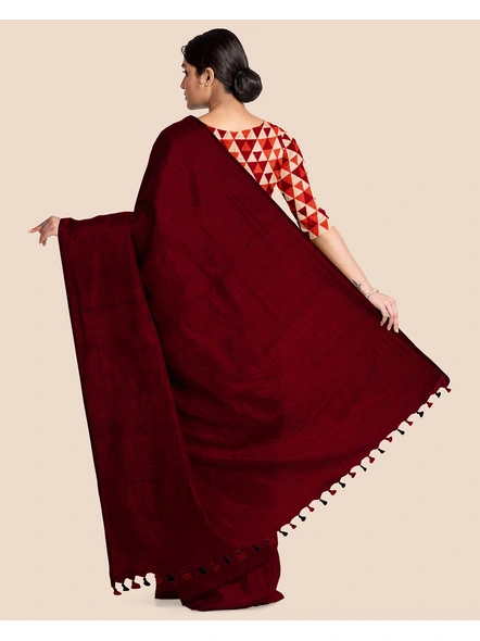 Mercerized Handloom Maroon Cotton Saree with Pompom and Blouse Piece-Maroon-Cotton-Free-Sari-Female-Adult-3