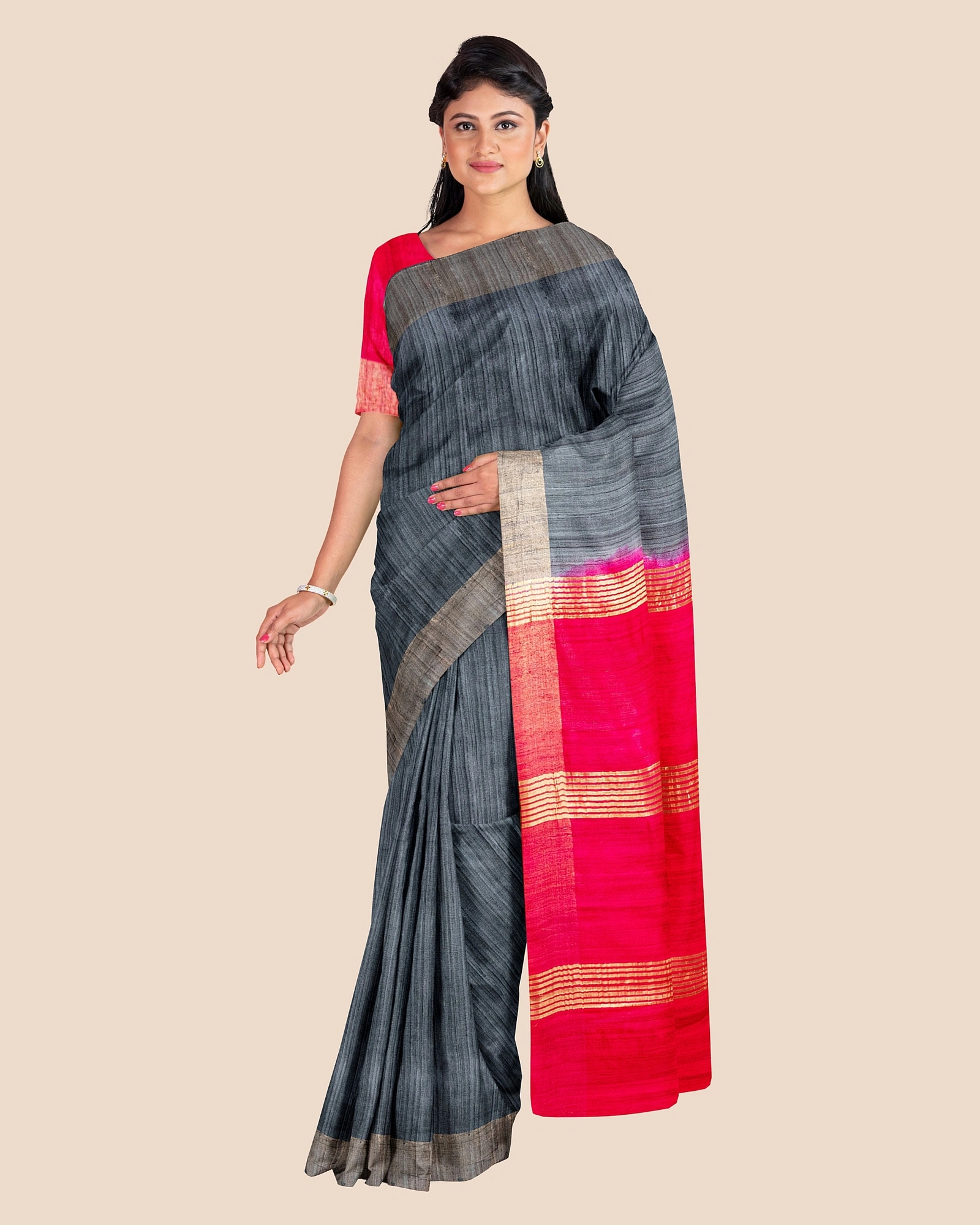 Slate Grey Handwoven Tussar Ghicha Silk Saree with Reddish Pink Golden Zari Pallu and Blouse Piece-1