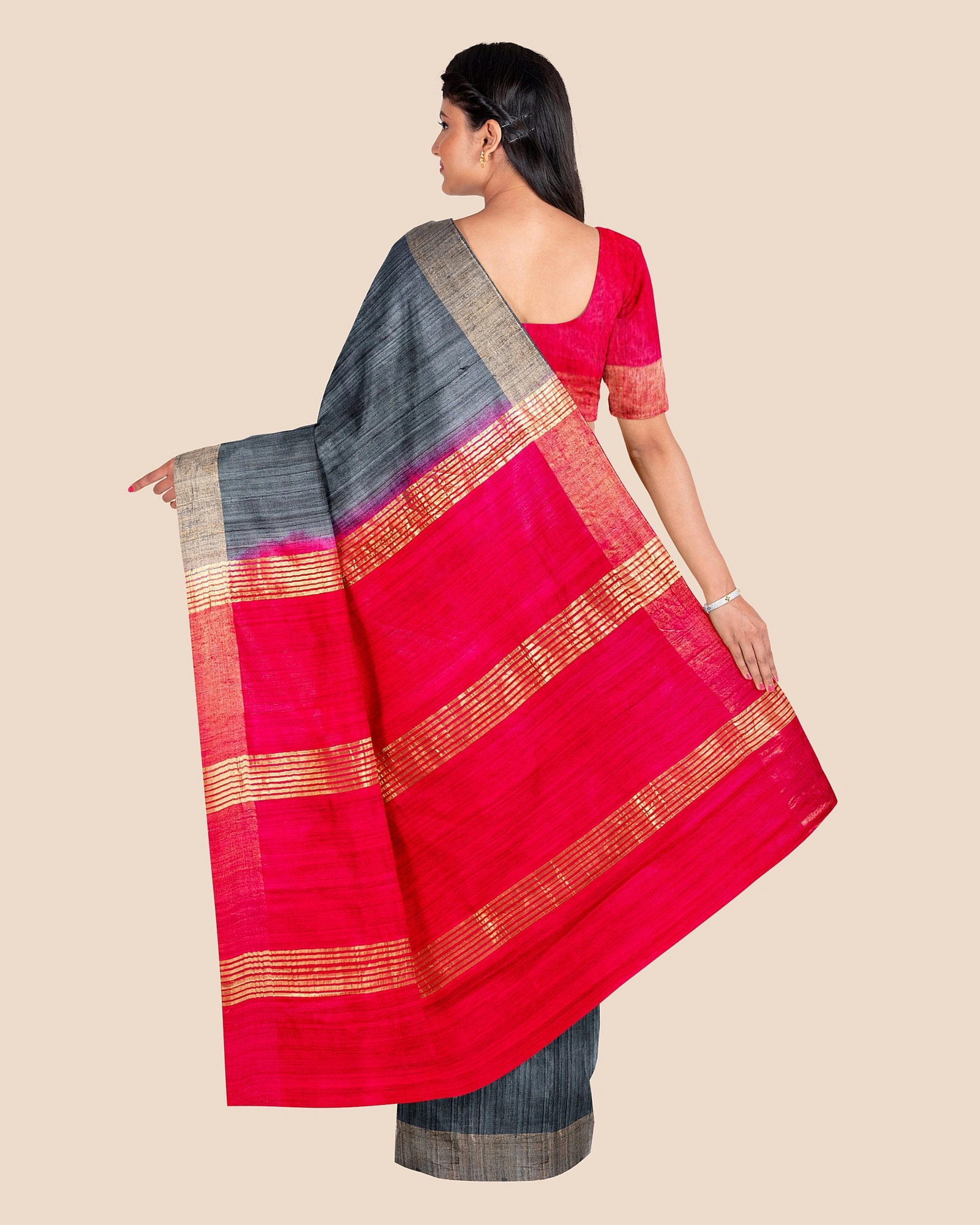 Slate Grey Handwoven Tussar Ghicha Silk Saree with Reddish Pink Golden Zari Pallu and Blouse Piece-2