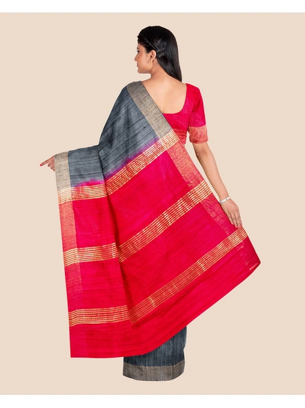Slate Grey Handwoven Tussar Ghicha Silk Saree with Reddish Pink Golden Zari Pallu and Blouse Piece-2