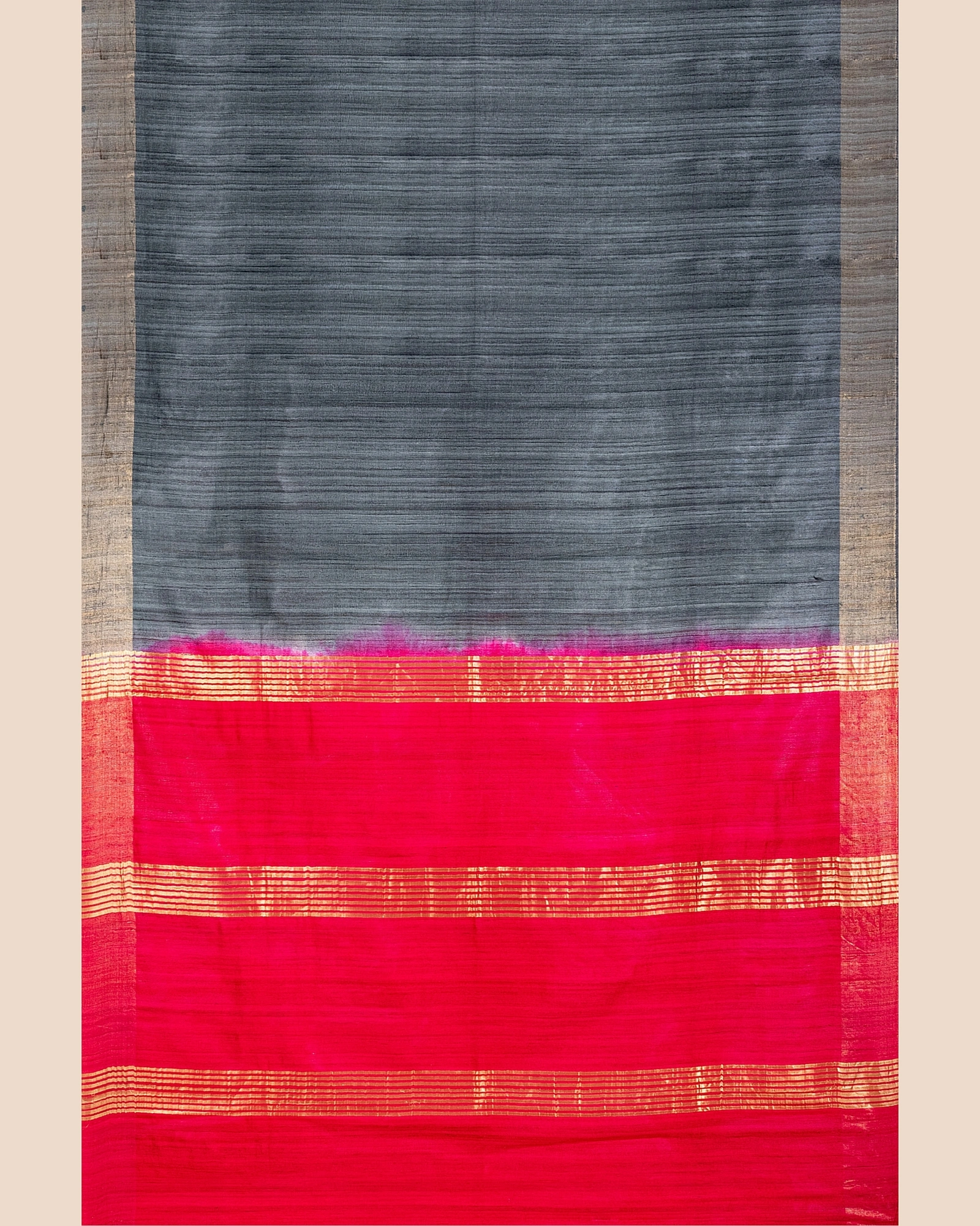 Slate Grey Handwoven Tussar Ghicha Silk Saree with Reddish Pink Golden Zari Pallu and Blouse Piece-3