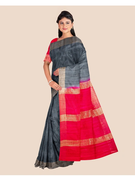 Slate Grey Handwoven Tussar Ghicha Silk Saree with Reddish Pink Golden Zari Pallu and Blouse Piece-5