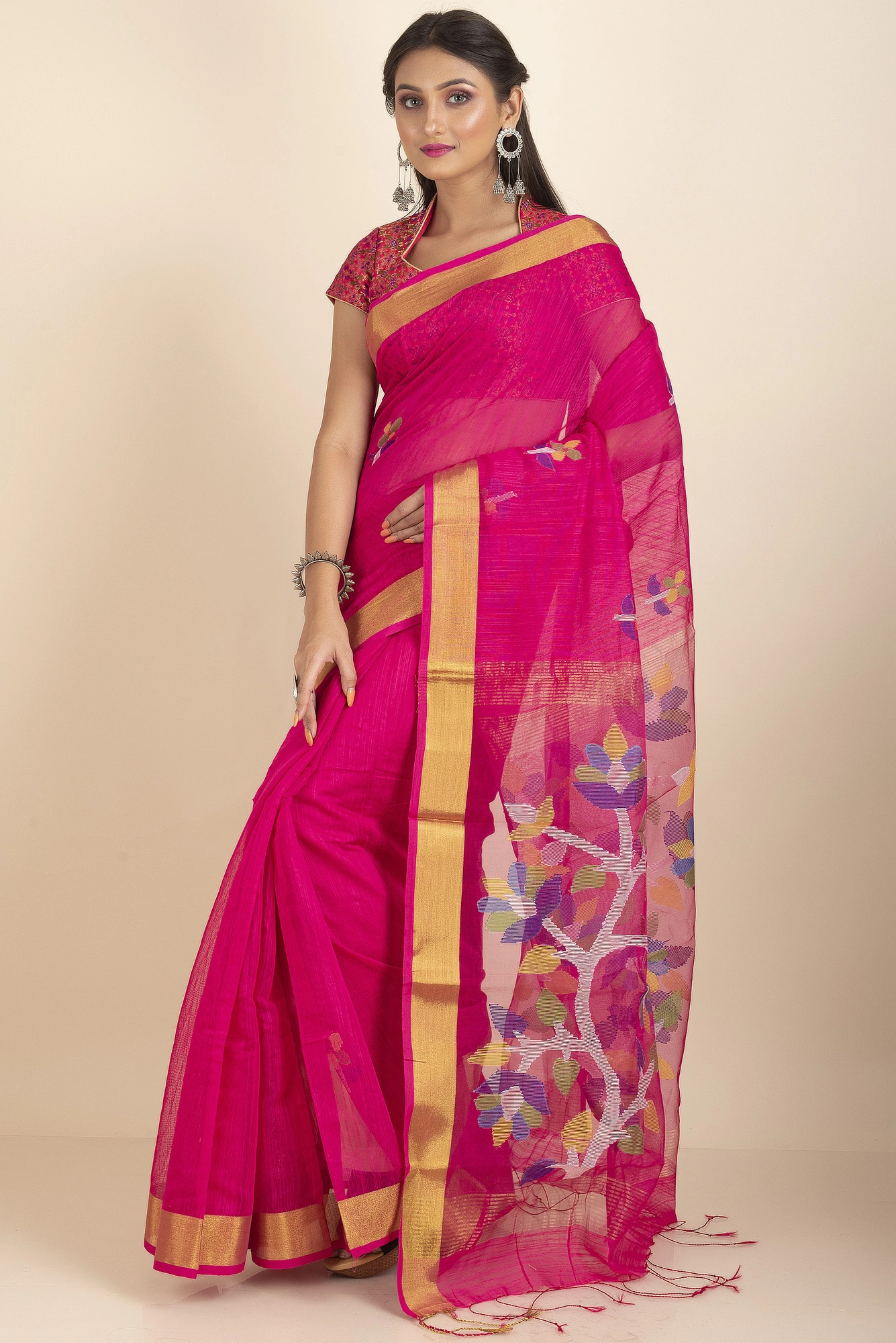 Fuschia Pink Golden Zari Jamdani Saree with Blouse Piece-Pink-Sari-Silk Cotton-One Size-Female-Adult-1