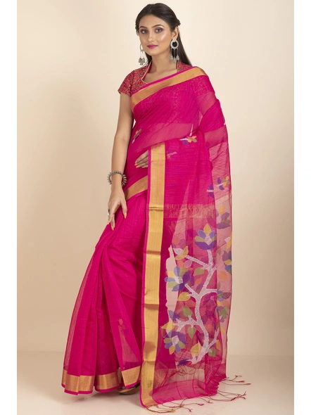 Fuschia Pink Golden Zari Jamdani Saree with Blouse Piece-Pink-Sari-Silk Cotton-One Size-Female-Adult-1