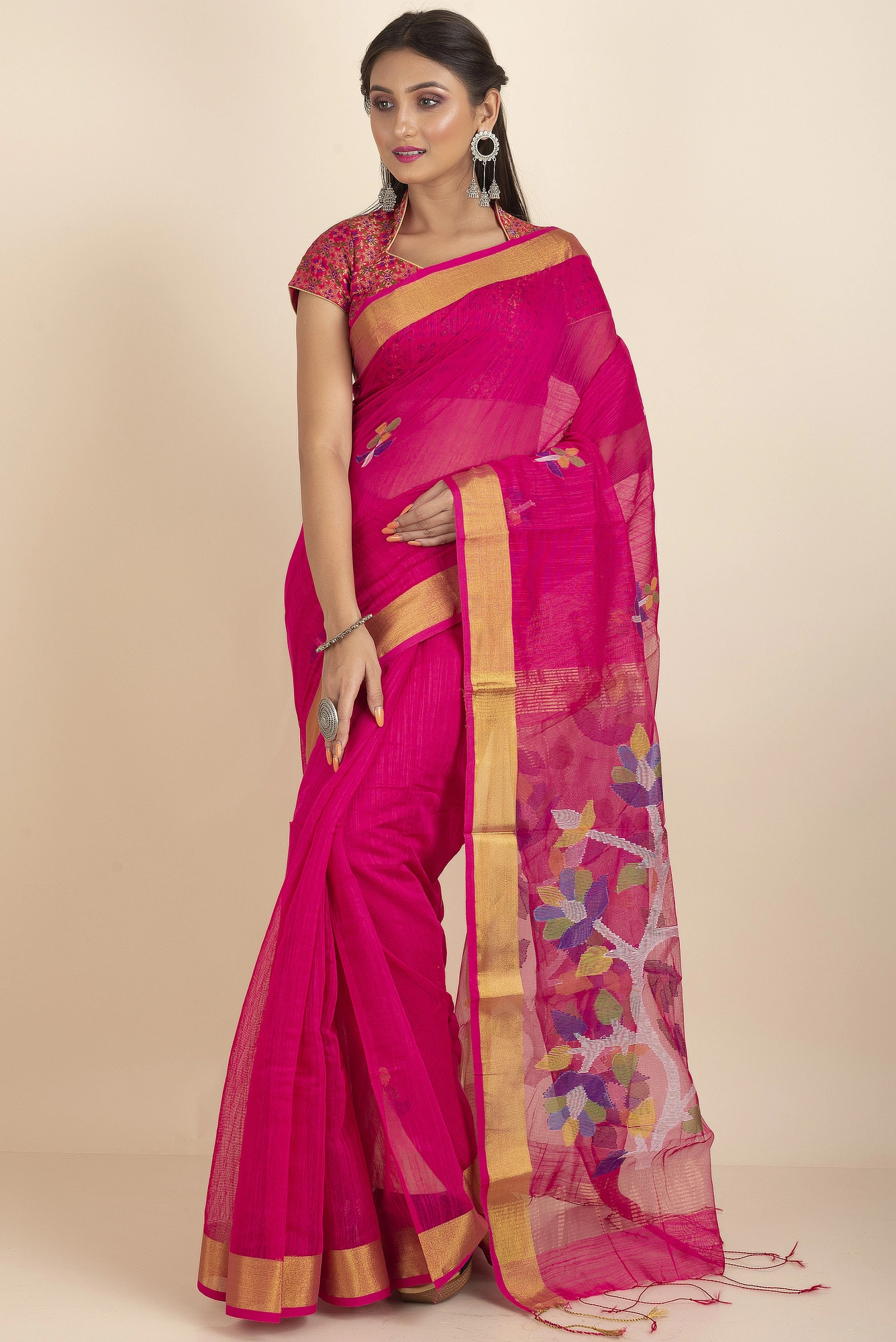 Fuschia Pink Golden Zari Jamdani Saree with Blouse Piece-Pink-Sari-Silk Cotton-One Size-Female-Adult-2