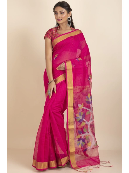 Fuschia Pink Golden Zari Jamdani Saree with Blouse Piece-Pink-Sari-Silk Cotton-One Size-Female-Adult-2