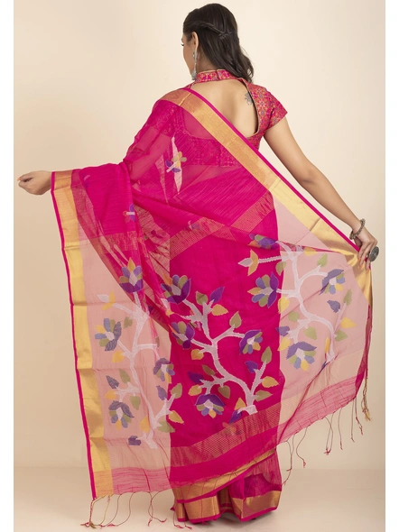 Fuschia Pink Golden Zari Jamdani Saree with Blouse Piece-Pink-Sari-Silk Cotton-One Size-Female-Adult-3