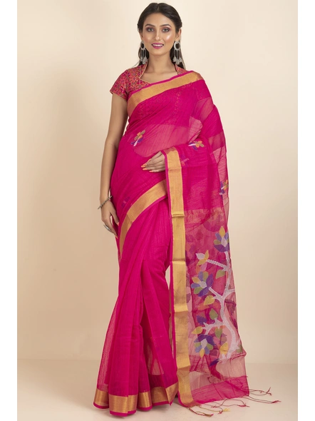 Fuschia Pink Golden Zari Jamdani Saree with Blouse Piece-Pink-Sari-Silk Cotton-One Size-Female-Adult-4