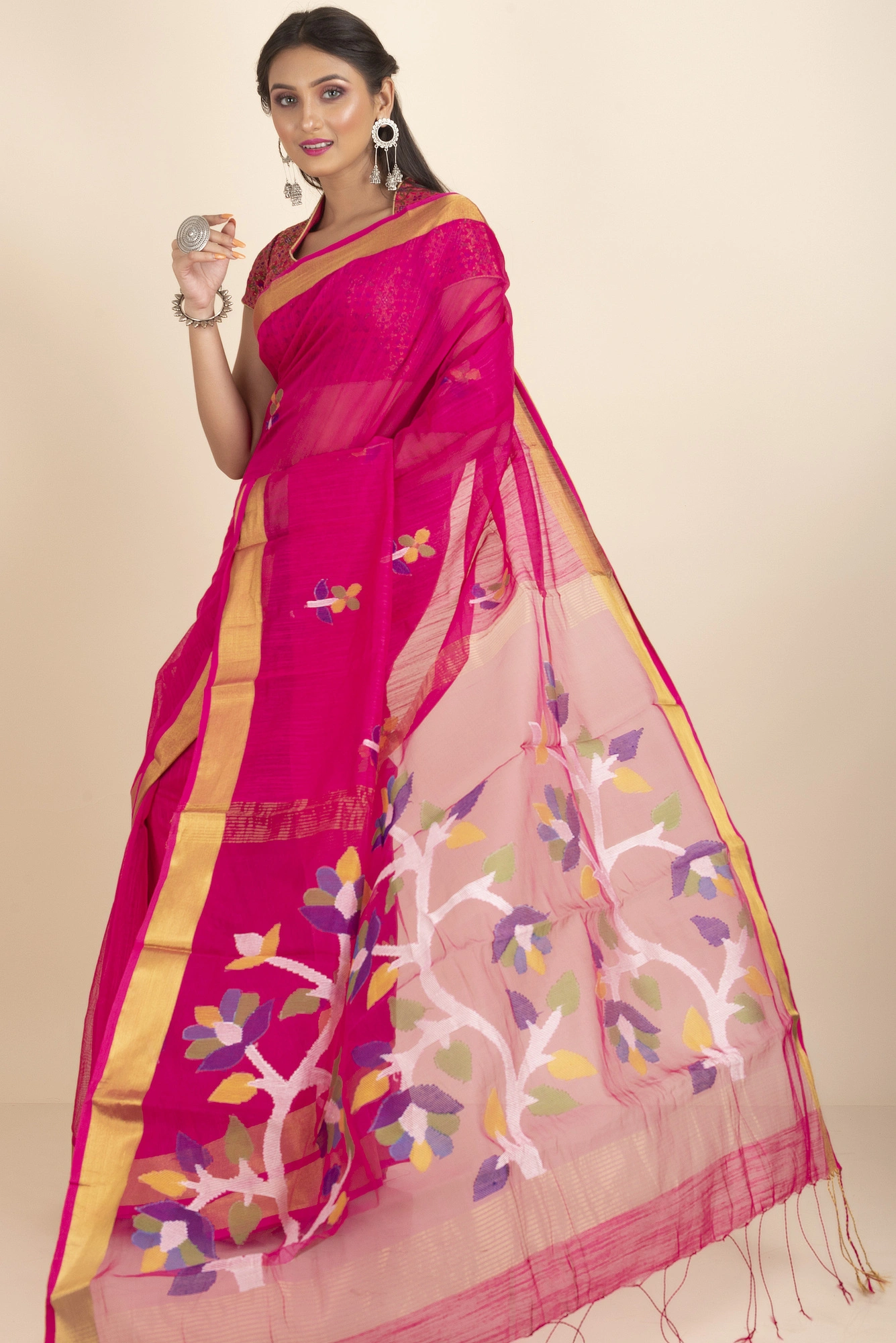 Fuschia Pink Golden Zari Jamdani Saree with Blouse Piece-Pink-Sari-Silk Cotton-One Size-Female-Adult-5