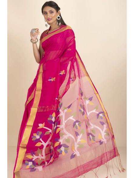 Fuschia Pink Golden Zari Jamdani Saree with Blouse Piece-Pink-Sari-Silk Cotton-One Size-Female-Adult-5