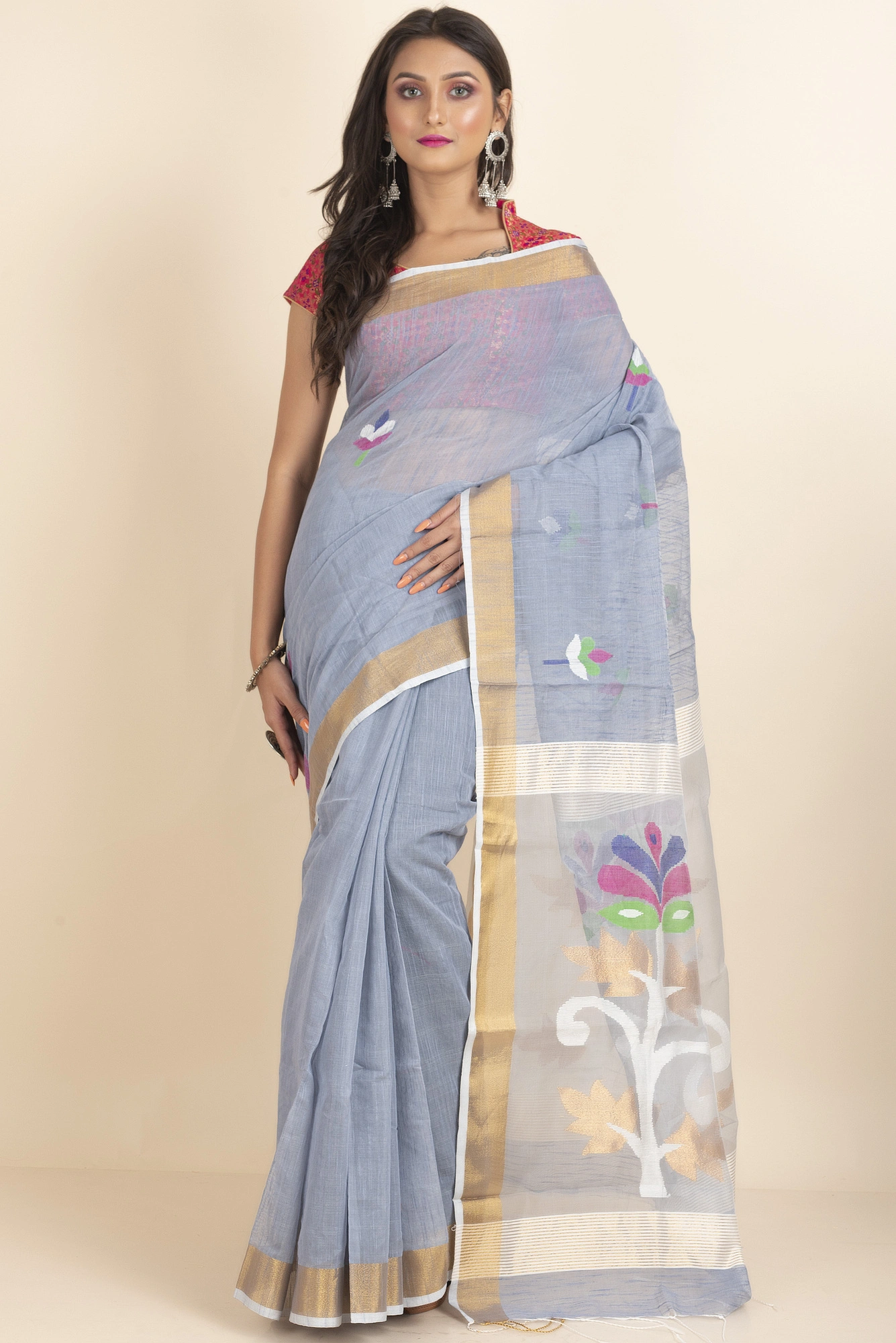 Grey Golden Zari Silk Cotton Woven Jamdani Saree with Blouse Piece-LAACSHS025