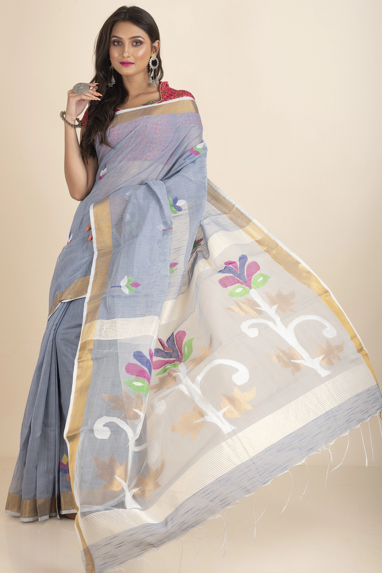 Grey Golden Zari Silk Cotton Woven Jamdani Saree with Blouse Piece-Grey-Sari-Silk Cotton-One Size-Female-Adult-2