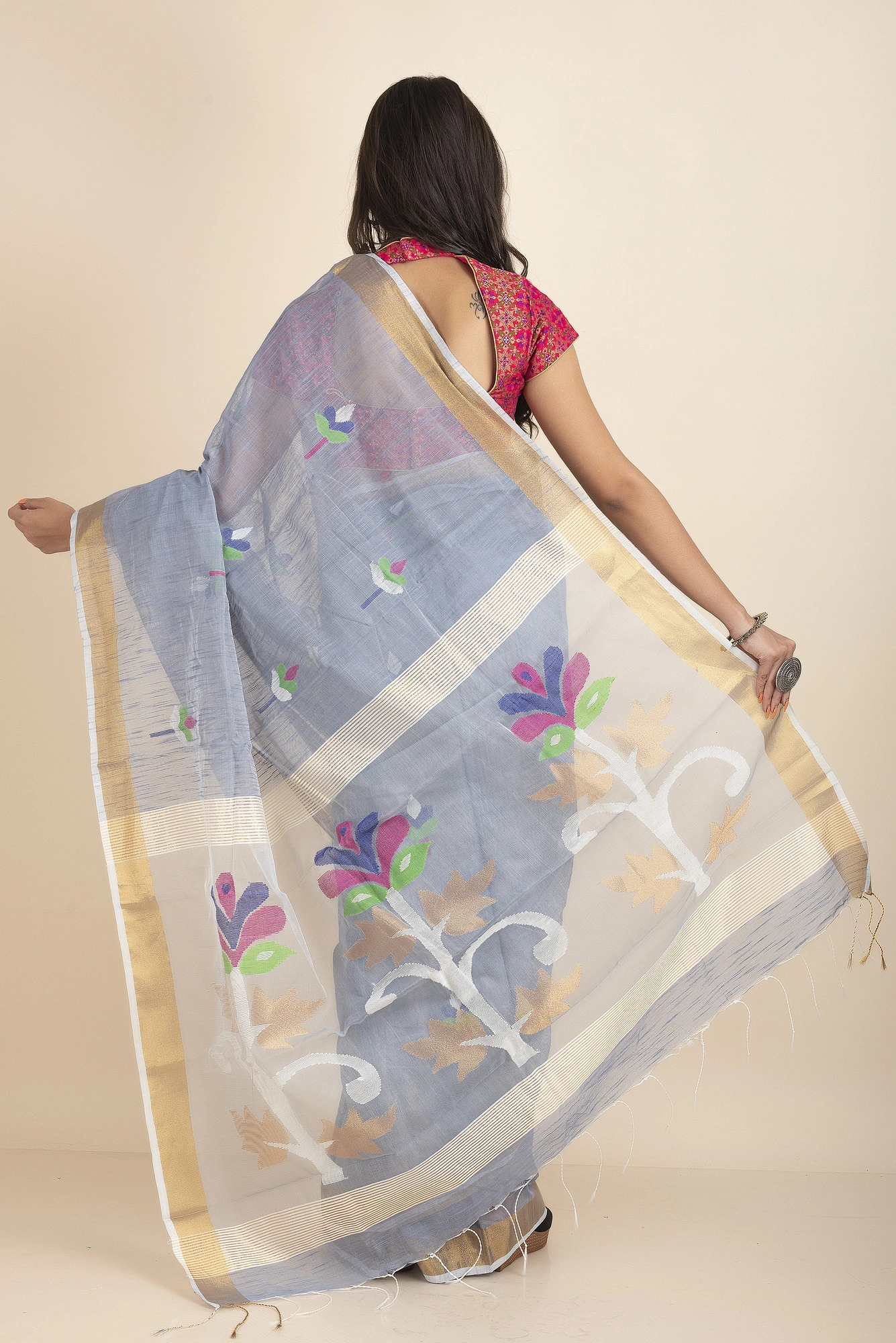 Grey Golden Zari Silk Cotton Woven Jamdani Saree with Blouse Piece-Grey-Sari-Silk Cotton-One Size-Female-Adult-3